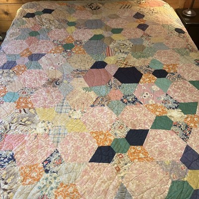 Honeycomb Grandmothers Flower Quilt - Blues And Beige Cotten Backing 87  X 67 