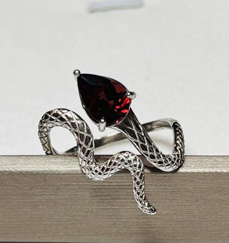 Bigger 925 Sterling Silver Natural Red Garnet Snake Ring - Picture 3 of 13