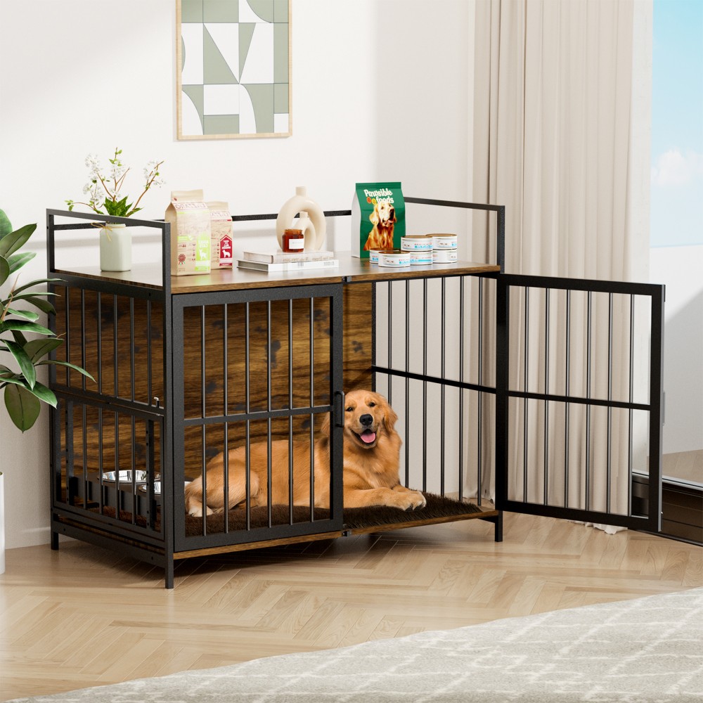 Heavy-Duty Indoor Padded Dog Crate with Rotating Feeder Bowl