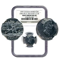 1999 Canada 25 Cents, MINT ERROR, Struck on 10c Planchet-Uncirculated, NGC MS60