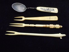 Lot (4) INUIT CARVINGS - 3ea PICKLE FORKS AND 1ea SUGAR SPOON
