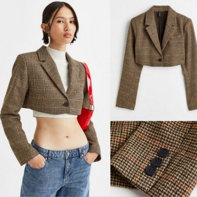 H&M Divided Cropped Tweed Plaid Blazer Jacket-Small