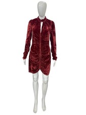 Ulla Johnson Women High Neck Gathered Zipper Red Velvet Short Mini Dress Size 4