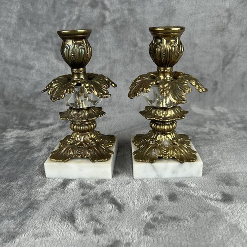 Vintage Hollywood Regency Messing & Marmor Kerzenständer verziert Paar Set 2 - Bild 1 von 19