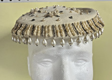 Womens Fancy Derby Wedding Hat White With Hanging Gold Pearls not real 