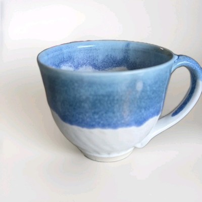 Handmade Studio Pottery Mug Blue White Ombre Glaze Artisan Coffee Cup 12oz