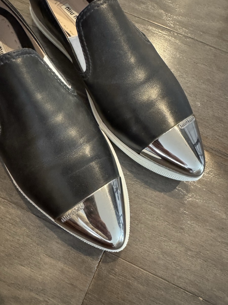 MIU MIU Black Slip On Leather Sneakers 37.5 Silver cap | eBay