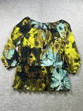 Essentials by Milano Blouse Womens Large Yellow Black Green Floral Stretch Top