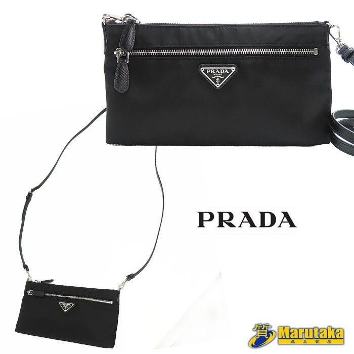 Prada 1M1187 Black Nylon Leather Shoulder Bag with Triangle Logo
