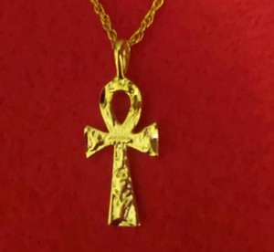 Authentic 14KT GOLD PLATED TEXTURED ANKH CHARM PENDANT WITH 24" ROPE CHAIN NECKLACE- 502