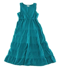 Max Studio Sleeveless V-Neck Turquoise Blue Tiered Long Maxi Tank Sun Dress M