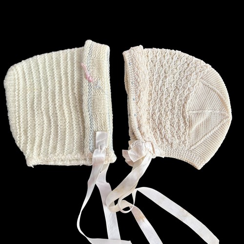 2 Vintage Hand Made Baby Bonnets Knit Crochet