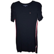 Tommy Hilfiger Women Navy Ribbed Ruched Sleeve Side Stripe TShirt Dress XS