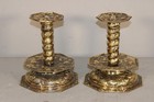 A FANTASTIC PAIR OF 17TH C EMBOSSED AND ENGRAVED BRASS MID DRIP CANDLESTICKS — photo 1