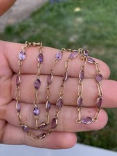 9Ct Gold Amethyst Chain Necklace, Vintage 9k 375 5.4g