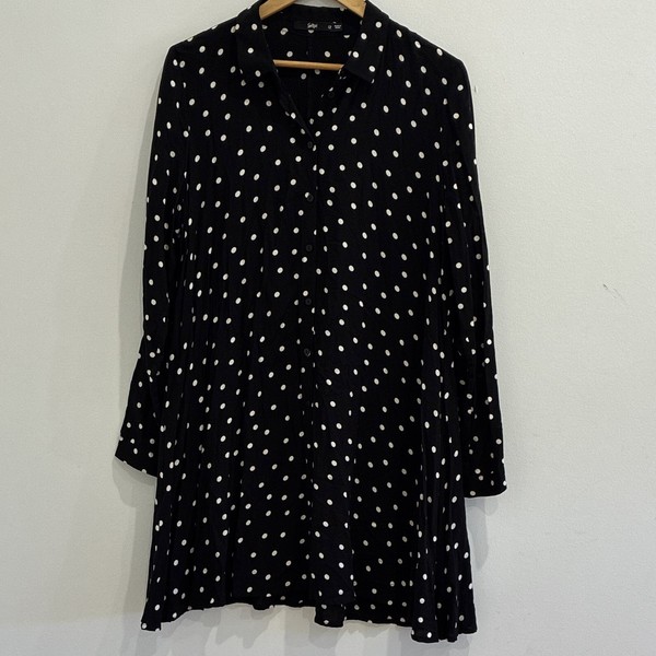 Sportsgirl Women’s Black White Polka Dot Collared Button mini Shirt Dress 12/M