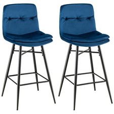 Set of 2 Velvet Bar Stools Bar Height Kitchen Dining Chairs w/ Metal Legs Blue