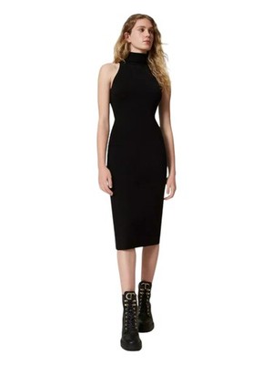 knee length dresses for ladies Twinset Ribbed Knit Midi Dress in Black – Manhattan West