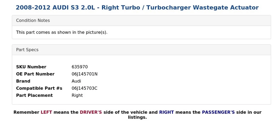 AUDI S3 2008-2012 2,0 L - turbocompresor derecho Wastegate actuador Foto 4 de 4