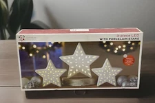 Christmas Porcelain LED Star Set - 3 Piece Holiday Mantel Table Decoration Stars
