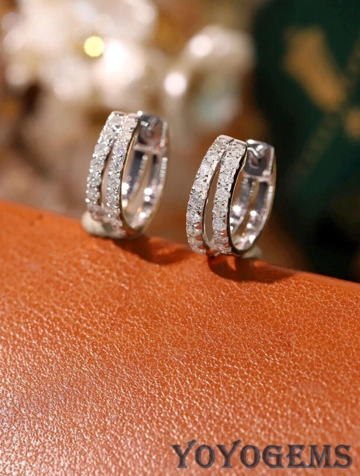 Moissanite Huggie Hoop Earrings Solid 14K White Gold Excellent Round Cut 2 Carat - Image 2 of 4