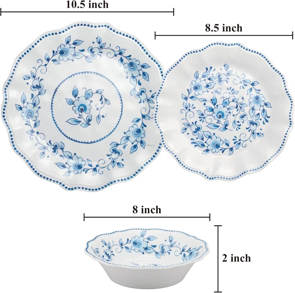 Juego de vajilla de melamina de 12 piezas, diseño azul y blanco, servicio para 4 Foto 3 de 4
