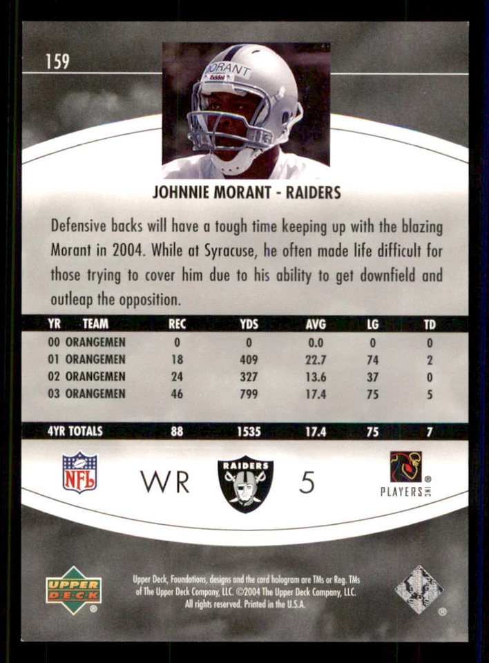 2004 Upper Deck Foundations #159 Johnnie Morant RC /350 - Image 2 of 2