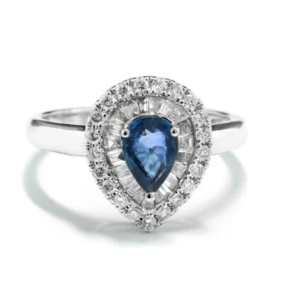 Valeur Saphir Diamant Brillant Anneau 1 Saphirtropfen 750er or Blanc - Photo 1/4