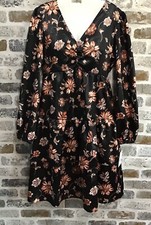 Ophelia Roe ~ Women’s Size S Black & Brown Floral Tiered Long Sleeve Midi Dress