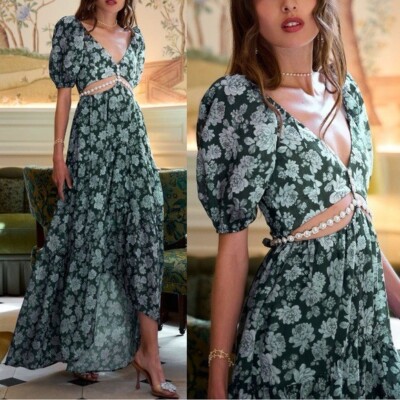 V. Chapman Emma Cut Out Rhinestone Puff Sleeve Dress Emerald Peony Print 10 NWT