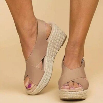 Womens Cross Strap Peep Toe Slingback Sandals Platform Wedge Espadrilles Shoes