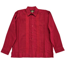 Men's Mexican Guayabera Shirt Red Collared Long Sleeve Embroidery Handmade M, XL