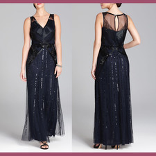 NWT Aidan Mattox V-Neck Blouson Beaded Gown in Navy Blue/Black SZ 6 US  M944
