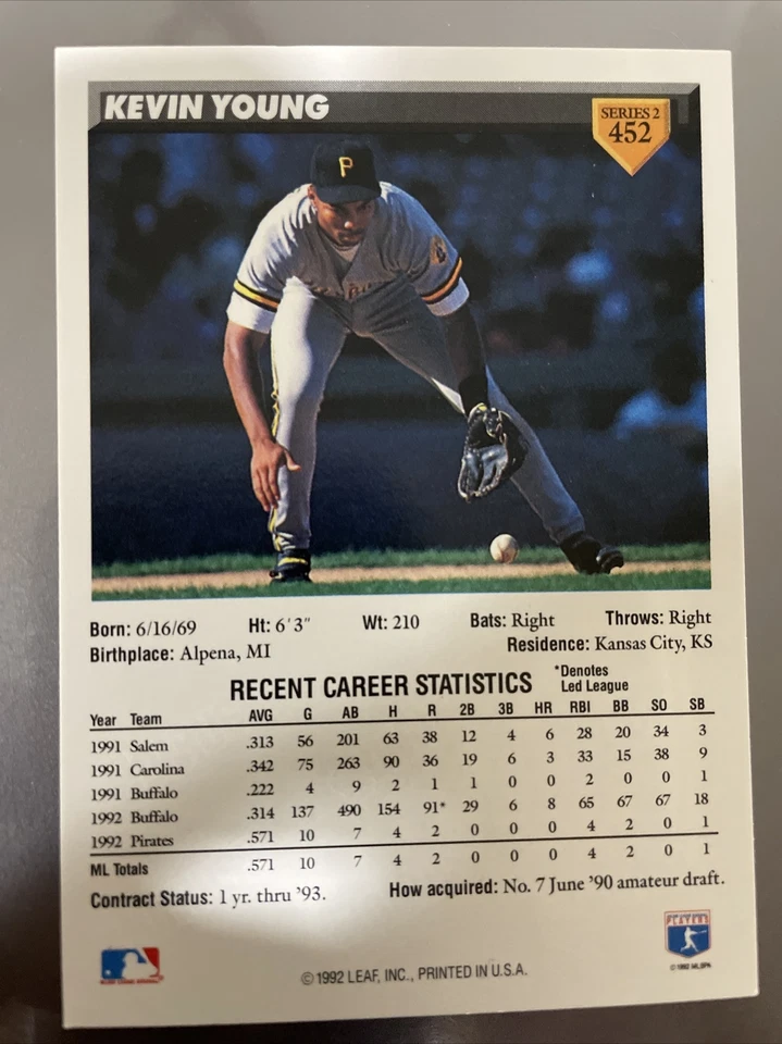 Kevin Young Rookie Card Donruss #452 Pittsburgh Pirates 1992 - Image 2 of 2