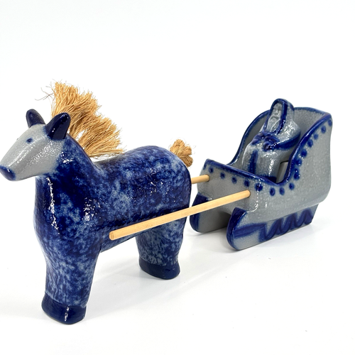 Eldreth Pottery Santa Sleigh & Horse Signed 1996 Complete Salt Glaze Cobalt Blue - Picture 5 of 21