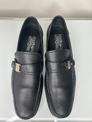 Salvatore Ferragamo Black Pebble Leather Side Buckle Loafers  display picture 1