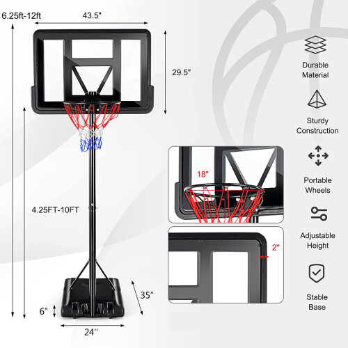 4.25-10FT Portable Adjustable Basketball Hoop Outdoor for Kids Youth Adults