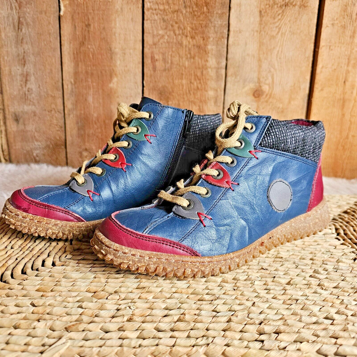 Volks Walkers Zip Ankle Boots Klien Size 38 Crinkle Leather Patchwork Red & Blue View 2