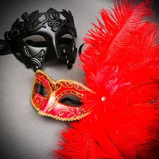 Black Venetian Warrior Half-Face with Gold Red Flurry Feather Couple Mask