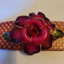 Wide Leather Bracelet Wristlet Flower Handcrafted Cuff Snap Boho