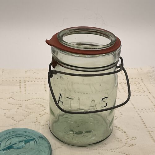 Vintage ATLAS E-Z Seal Blue Jar With Glass Lid And Wire Ring Lock Marked ‘1’ - Picture 3 of 5