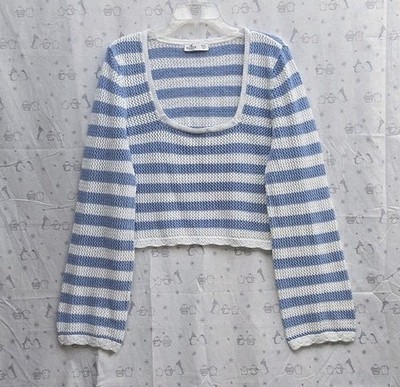 Hollister Blue Striped Crochet Knit Sweater Square Neckline Long bell Sleeve.XXL