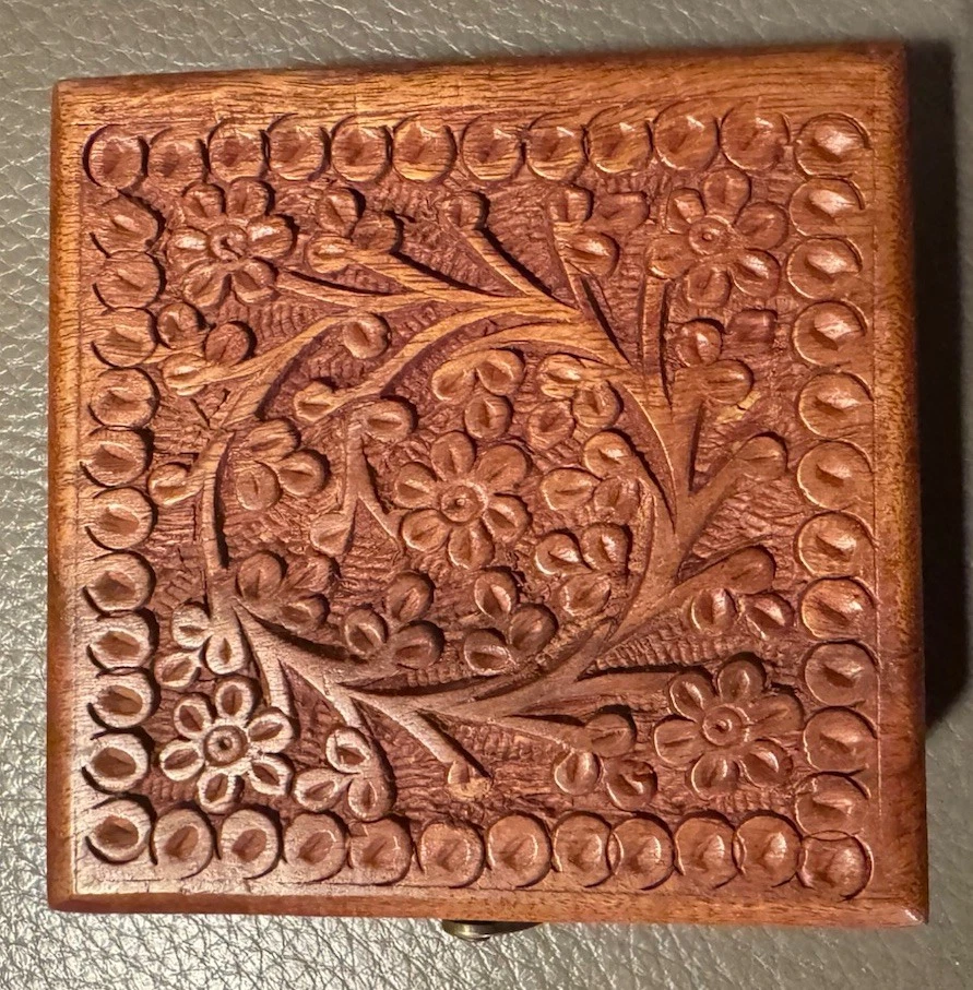 Hand carved rosewood jewelry box, lined, 3-7/8” Square, Made in India - Image 3 of 4