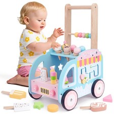 Wooden Baby Walker with Wheels for Girls, Play Ice Cream Toy, Multifunctional...