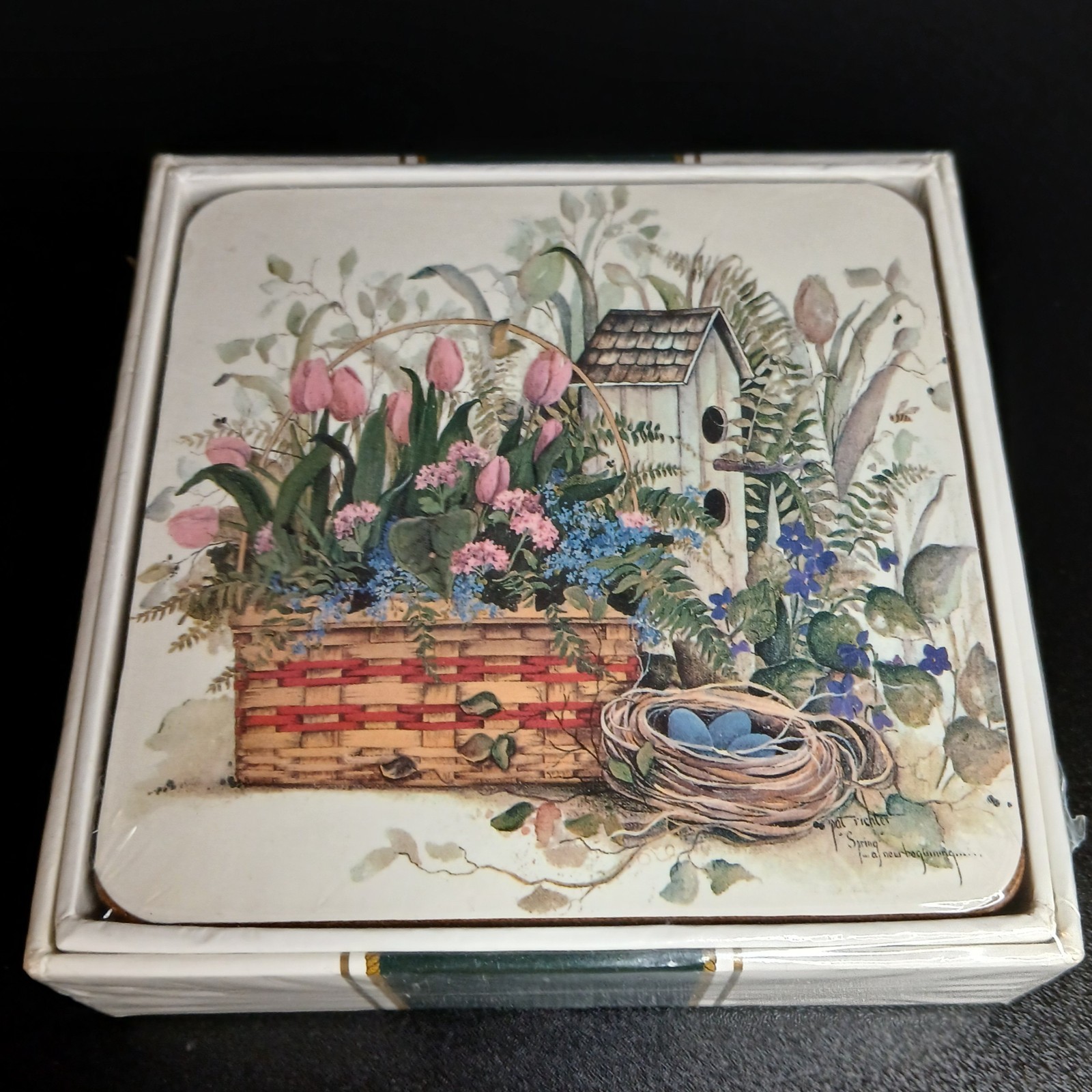 Pat Richter Spring Birdhouse Themed Coasters Sealed In Box Set Of 6