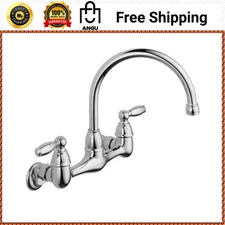 2-Handle Wall Mount Kitchen Faucet Chrome High Arc Rotating Spout Ergonomic