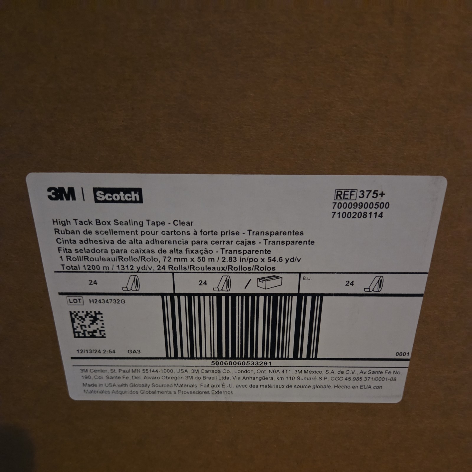 3M 375+ SCOTCH HIGH TACK BOX SEALING TAPE 3" X 55 YD ROLL CASE OF 24 ROLLS NIB