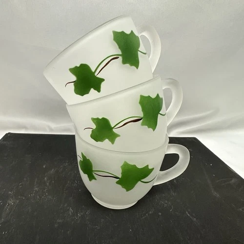 Vintage Federal Glass Punch Bowl Cups Satin Frosted Ivy Green Lot of 3