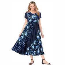 Woman Within Dress Womens 18W Navy Blue Floral Short Sleeve Maxi