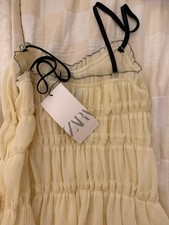 Zara Ivory Pleated Mini A-Line Dress XS Bow Ruffle Straps Short Sleeveless